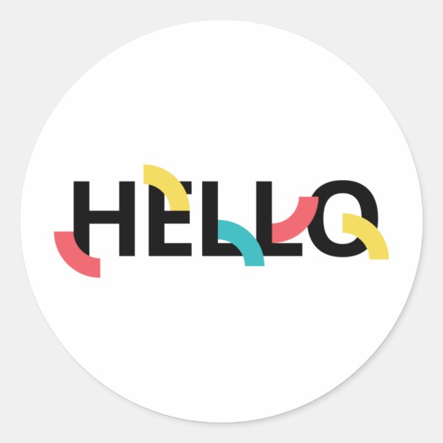 Modern, fun, playful, colourful design of Hello Classic Round Sticker (Front)
