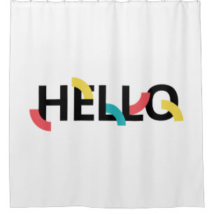 Modern, fun, playful, colourful design of Hello Shower Curtain