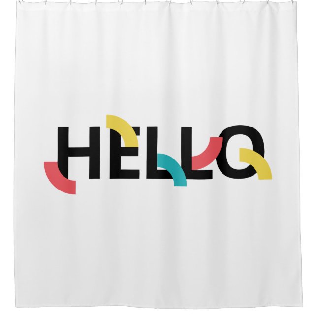 Modern, fun, playful, colourful design of Hello Shower Curtain (Front)