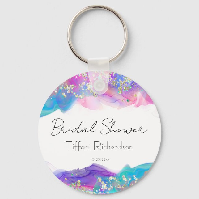 Modern Fun Rainbow Alcohol Ink Gold Glitter Key Ring (Front)