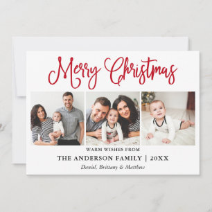 Modern Fun Red Calligraphy Christmas 3 Photos Holiday Card