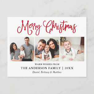 Modern Fun Red Calligraphy Christmas 3 Photos Postcard