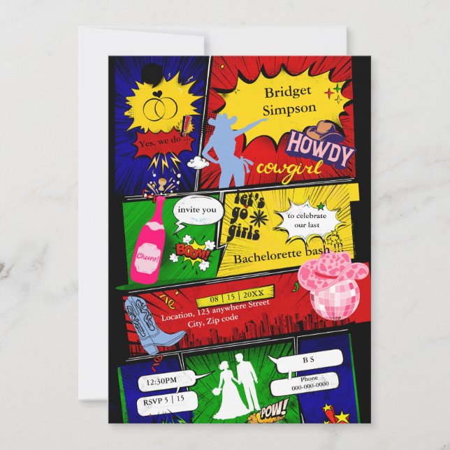 modern fun retro comic bachelorette cowgirl invitation (Front)