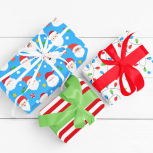 Modern Fun Santa Stripes & Christmas Lights Blue Wrapping Paper Sheet