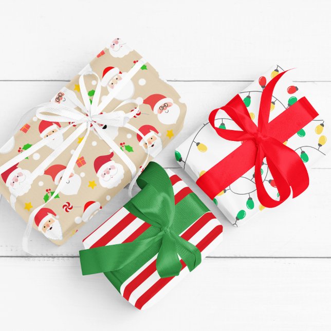 Modern Fun Santa, Stripes & Christmas Lights Tan Wrapping Paper Sheet (Creator Uploaded)