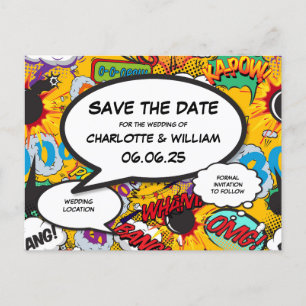 Modern Fun Save the Date Comic Book Announcement Postcard
