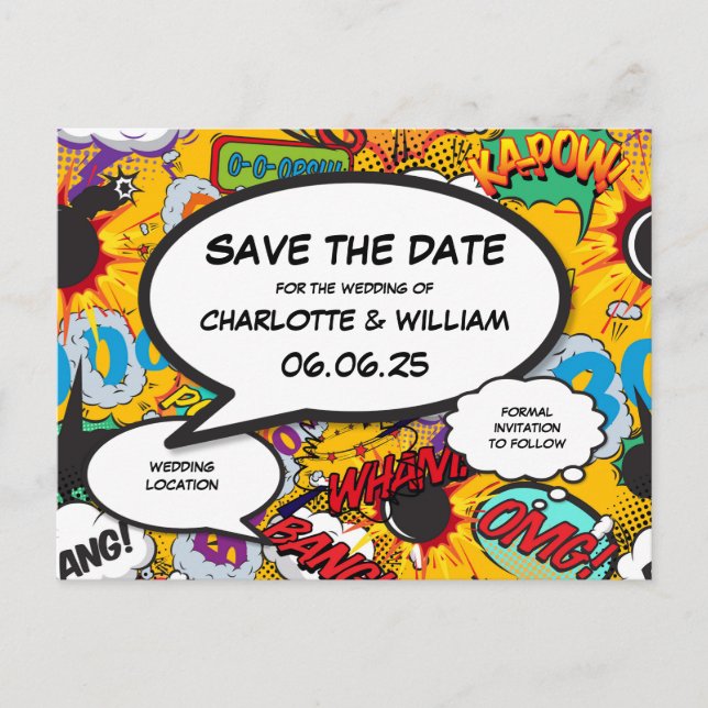 Modern Fun Save the Date Comic Book Announcement Postcard (Front)