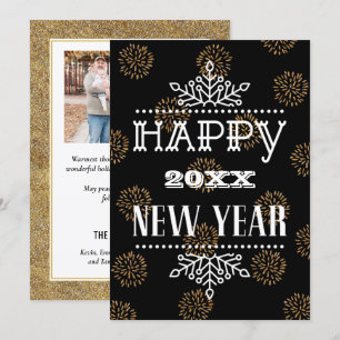 Modern Fun Script Festive Gold Fireworks Photo Holiday Card