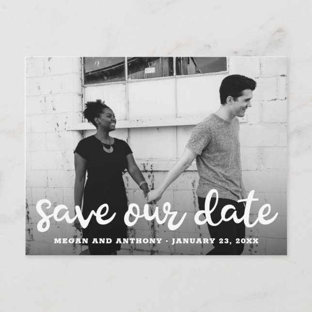 Modern Fun Script Photo Save the Date Announcement Postcard (Front)
