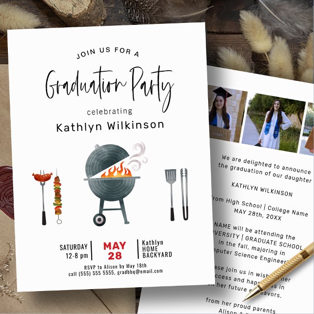 Modern Fun Script Simple 3 Photo GRAD BBQ Party Invitation (Creator Uploaded)