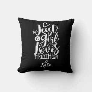 Modern Fun Triathlete Girl Black And White Script Cushion