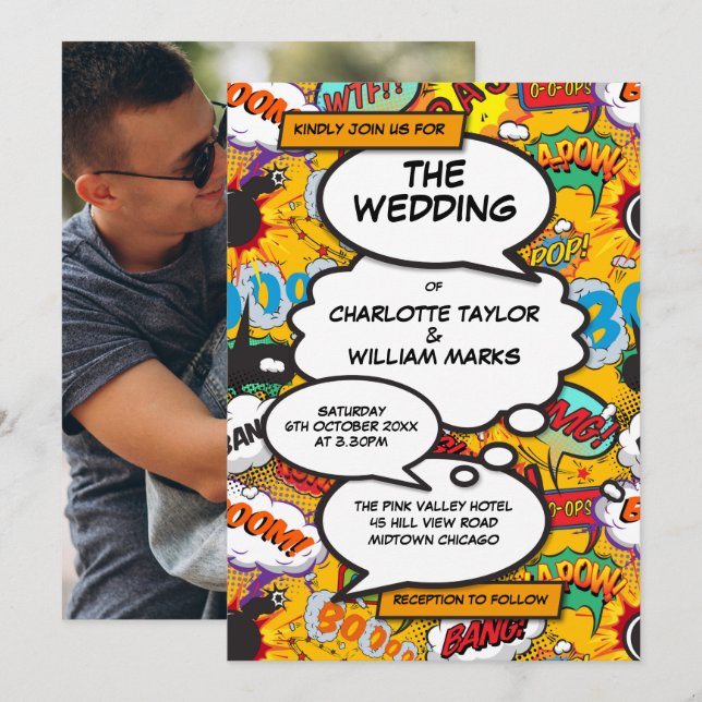 Modern Fun Typography Photo Comic Book Wedding Invitation (Front/Back)