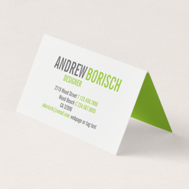 Modern Fun White Lime Green Folded Business Card (Front)