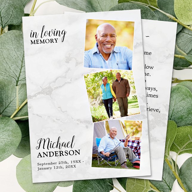 Modern Funeral 3 Photo Memorial Prayer Card Marble (Creator Uploaded)