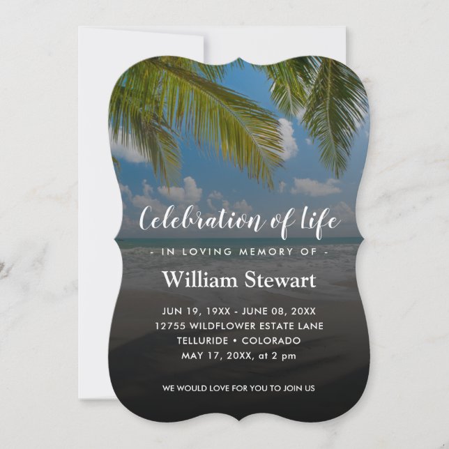 Modern Funeral | Beach Palms Celebration of Life Invitation (Front)