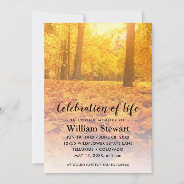 Modern Funeral | Celebration of Life Autumn forest Invitation (Front)