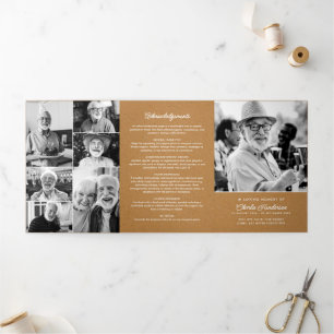 Modern Funeral/Memorial Faux Kraft Photo Collage Tri-Fold Programme
