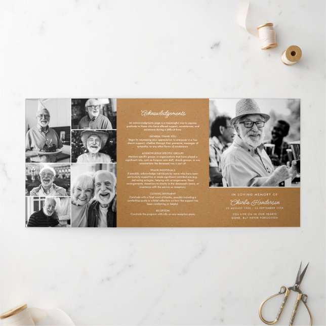 Modern Funeral/Memorial Faux Kraft Photo Collage Tri-Fold Programme (Outside)
