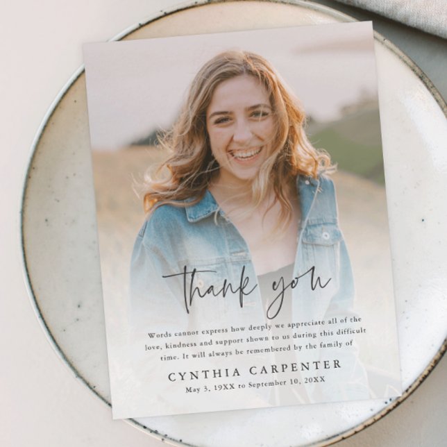 Modern Funeral Memorial Photo Thank You Card (Modern script simple photo memorial thank you magnetic card.)