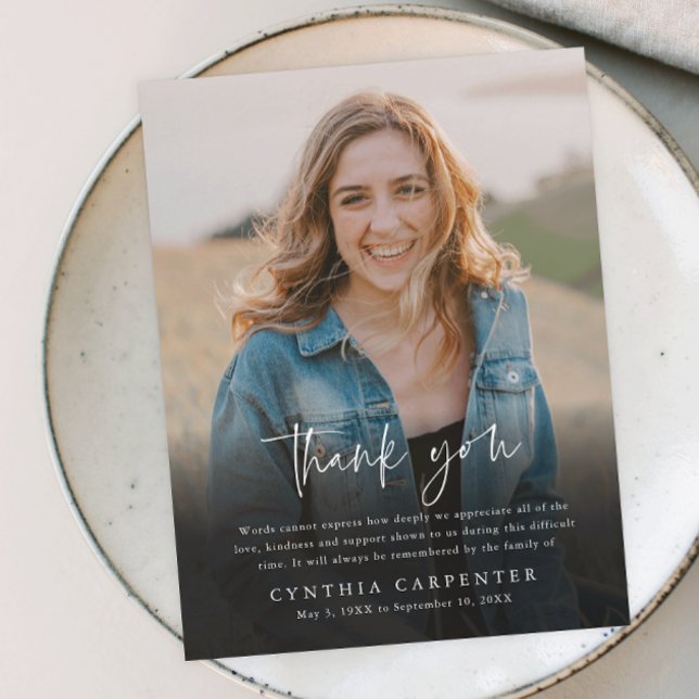 Modern Funeral Memorial Photo Thank You Postcard (Modern script simple photo memorial thank you postcard.)