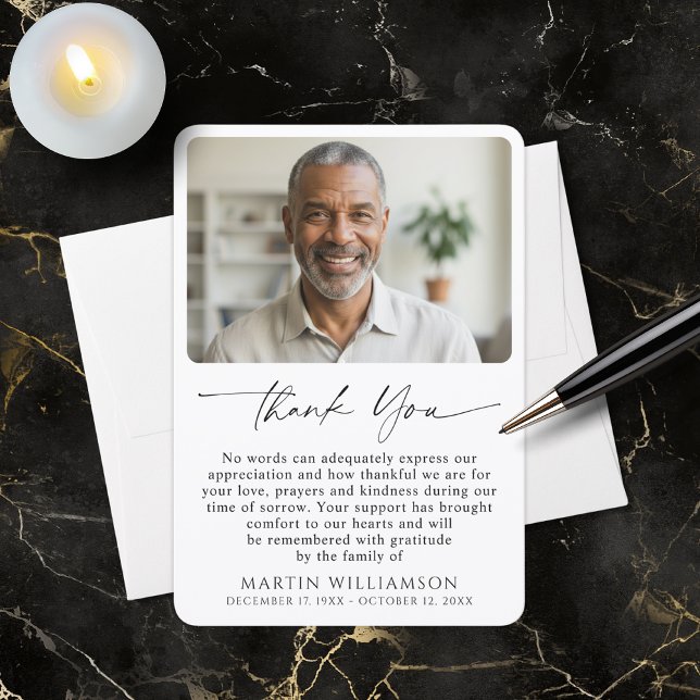 Modern Funeral Photo Script Thank You Card (Creator Uploaded)
