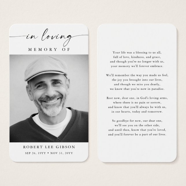 Modern Funeral Photo Sympathy Memorial Prayer Card (Front & Back)
