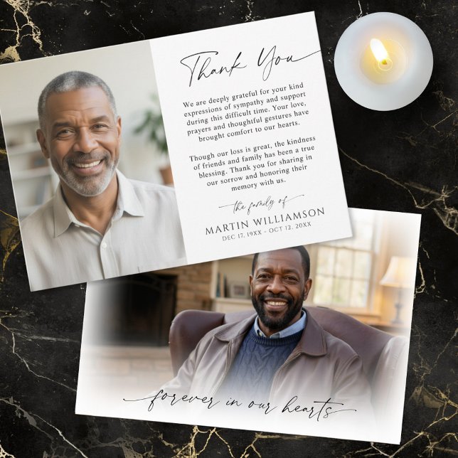 Modern Funeral Script Thank You 2 Photos Card (Creator Uploaded)