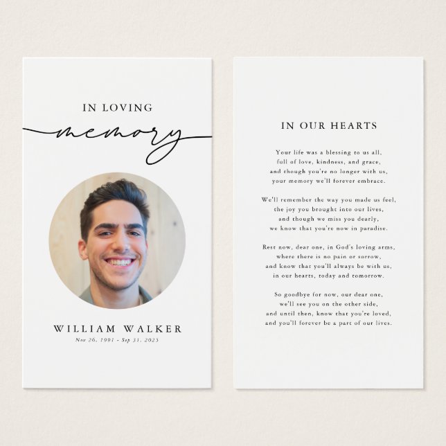 Modern Funeral Sympathy Photo Memorial Prayer Card (Front & Back)