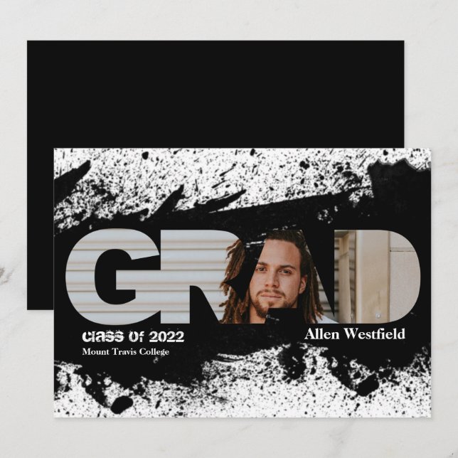 Modern Funky Black Splat GRAD Photo Announcement (Front/Back)