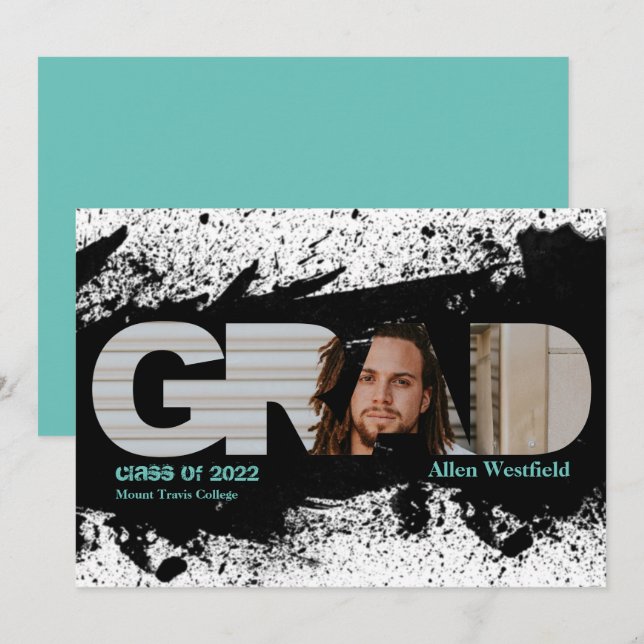 Modern Funky Black Splat GRAD Photo Announcement (Front/Back)