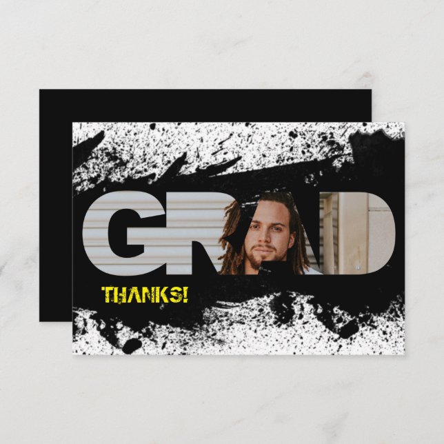 Modern Funky Black Splat GRAD Photo Thank You Card (Front/Back)