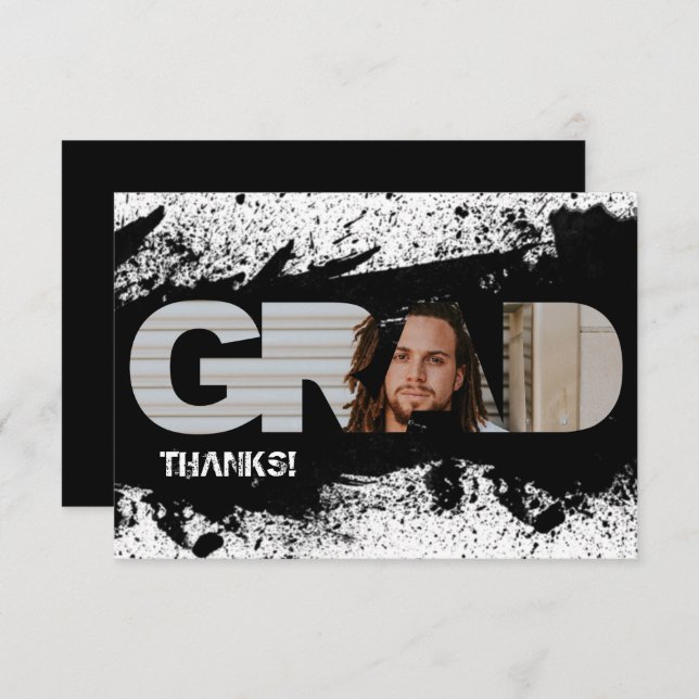 Modern Funky Black Splat GRAD Photo Thank You Card (Front/Back)