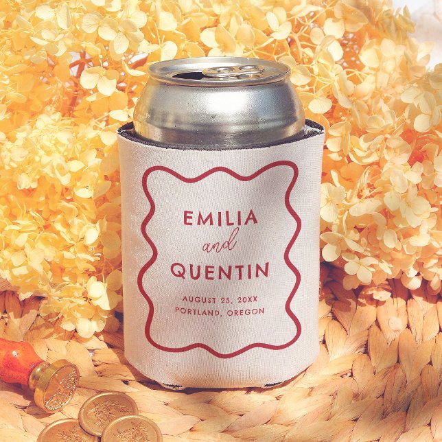 Modern Funky Cherry Red Wavy Frame Retro Wedding Can Cooler (Creator Uploaded)
