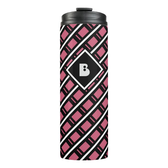 Modern Funky Geometric Pattern Monogrammed Pink Thermal Tumbler (Front)