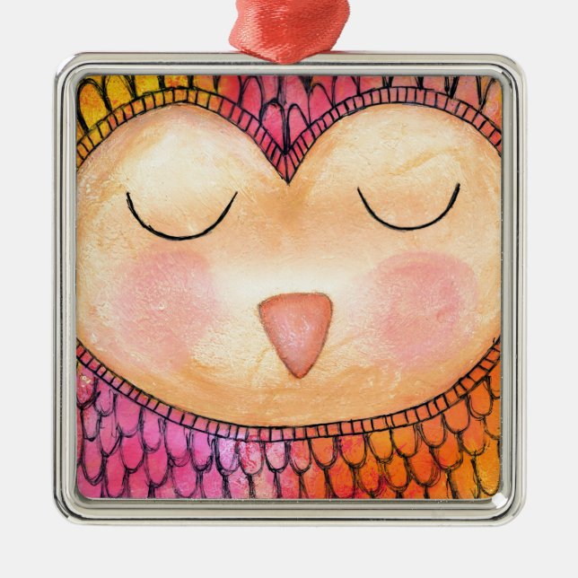 Modern Funky Sleepy Owl Mixed Media Painting Metal Tree Decoration (Front)