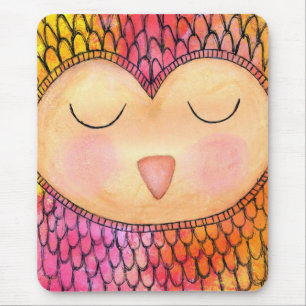 Modern Funky Sleepy Owl Mixed Media Painting Mouse Mat