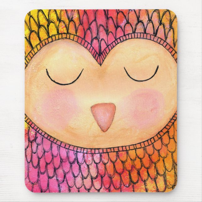 Modern Funky Sleepy Owl Mixed Media Painting Mouse Mat (Front)