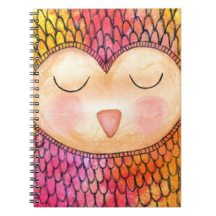 Modern Funky Sleepy Owl Mixed Media Painting Notebook