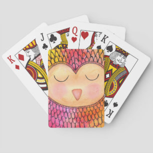 Modern Funky Sleepy Owl Mixed Media Painting Playing Cards