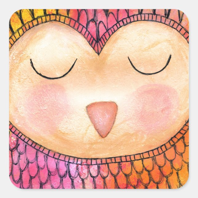 Modern Funky Sleepy Owl Mixed Media Painting Square Sticker (Front)