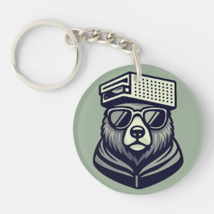 Modern Funny Bear With Cheese Grater Hat Green Key Ring