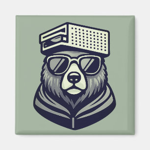 Modern Funny Bear With Cheese Grater Hat Green Magnet