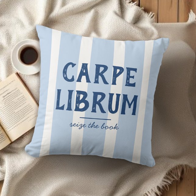 Modern Funny Book Lover's Quote Blue Striped Cushion (Creator Uploaded)