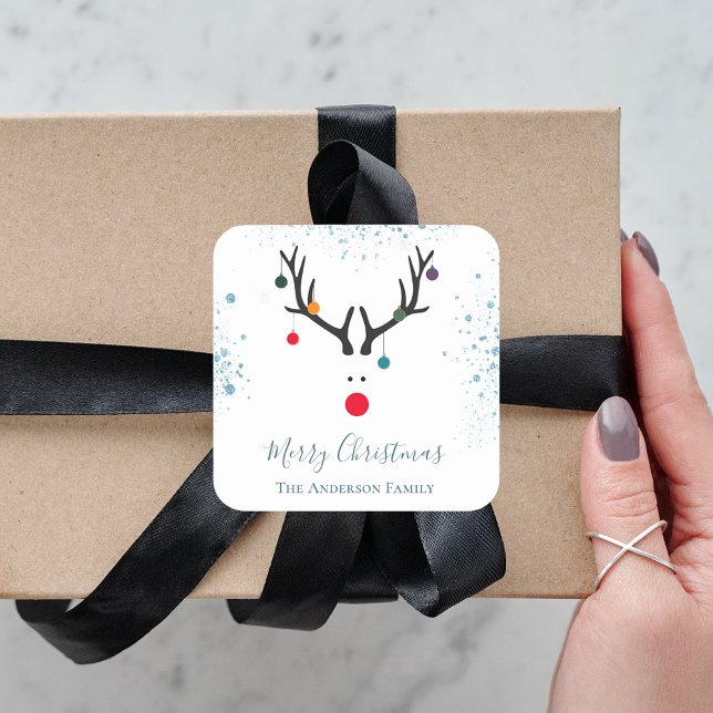 Modern funny Christmas reindeer blue glitter Square Sticker (Creator Uploaded)