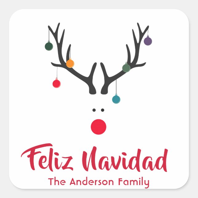 Modern funny Christmas reindeer on white Square Sticker (Front)