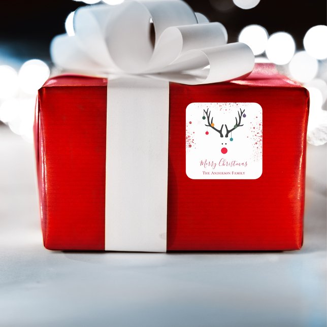 Modern funny Christmas reindeer red glitter Square Sticker (Creator Uploaded)