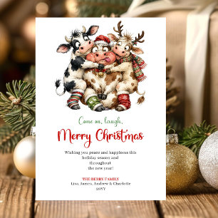 Modern Funny Cows Cartoon Christmas Greeting Card