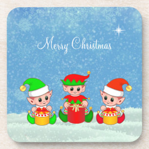 Modern Funny Cute Christmas Elf Buddies Coaster