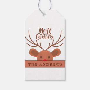 Modern funny cute Christmas reindeer on white Gift Tags