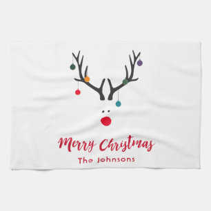 Modern funny cute Christmas reindeer on white Tea Towel